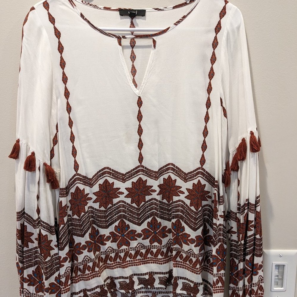 Very J White & Rust Multi-Print Long Sleeve Tassel  Blouse S